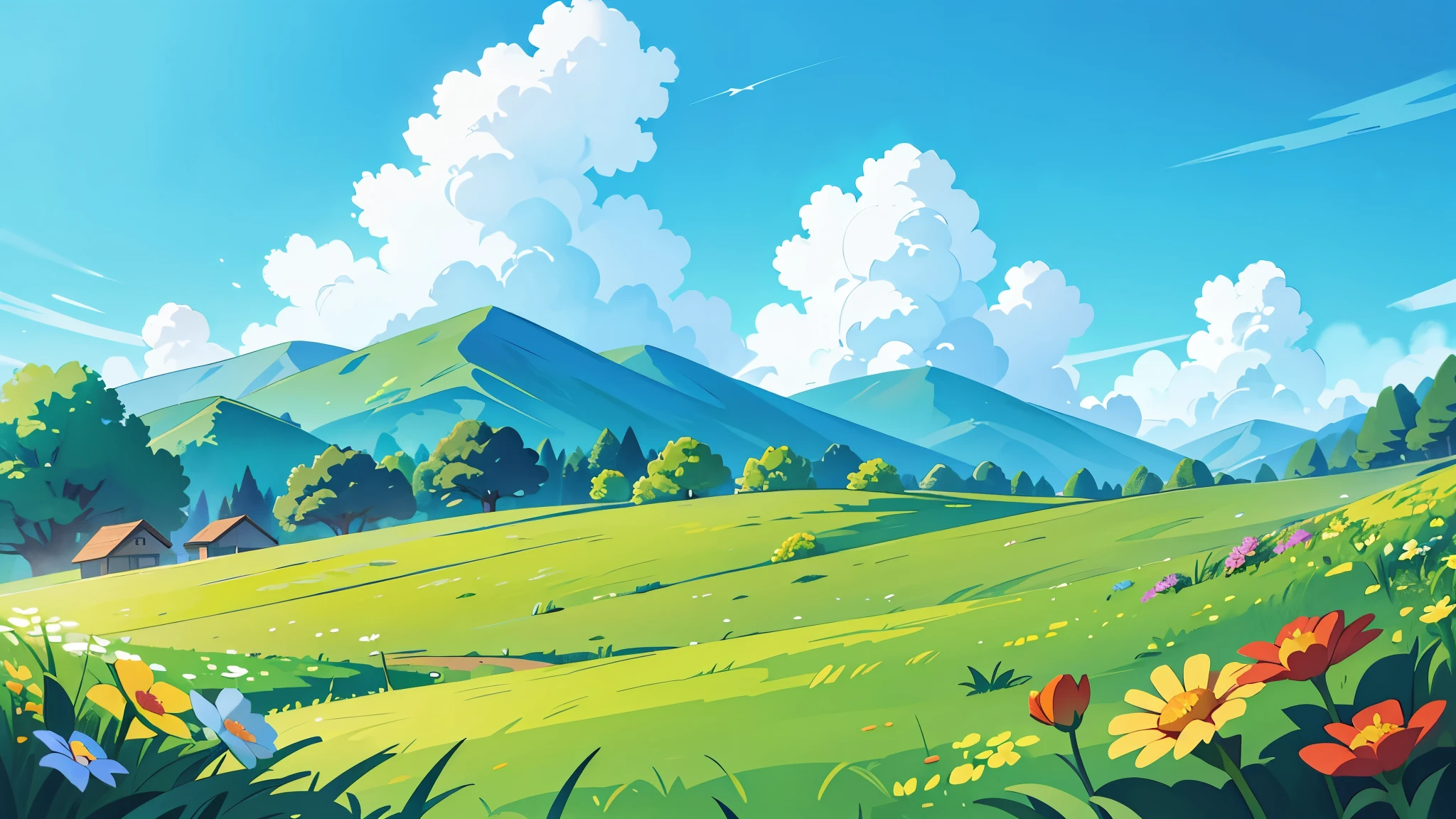 chibi landscape background blue sky clouds, green grass, flowers