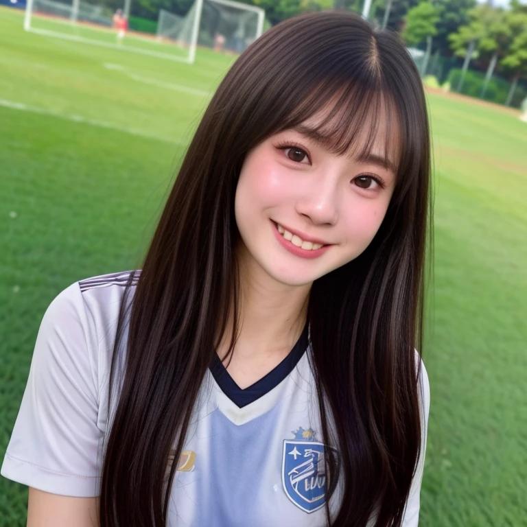 (kawaii 24 year-old Japanese girl, Nogizaka idol, Korean idol, soccer player), healthy female athlete body, (glossy black hair, very short hair, bangs:1.3), beautiful black eyes, rounded face, single eyelid, (no makeup:1.2), (big laughing:1.2), (soccer uniform:1.3), extra small breasts, BREAK, (turf in the park, summer daytime:1.2), (dynamic angle, bust shot:1.2), BREAK, (masterpiece, best quality, photo realistic, official art:1.4), (UHD, 8K quality wallpaper, high resolution, raw photo, golden ratio:1.3), (shiny skin), professional lighting, physically based rendering, award winning, (highly detailed skin texture, extremely detailed face and eyes textures), Carl Zeiss 85 mm F/1.4, depth of field, (1girl, solo),