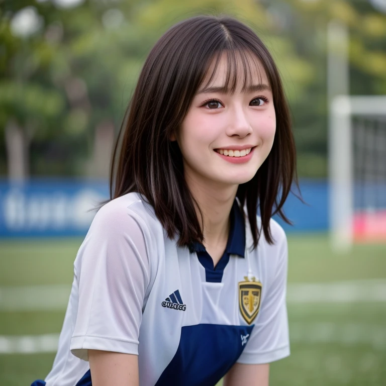(kawaii 24 year-old Japanese girl, Nogizaka idol, Korean idol, soccer player), healthy female athlete body, (glossy black hair, very short hair, bangs:1.3), beautiful black eyes, rounded face, single eyelid, (no makeup:1.2), (big laughing:1.2), (soccer uniform:1.3), extra small breasts, BREAK, (turf in the park, summer daytime:1.2), (dynamic angle, bust shot:1.2), BREAK, (masterpiece, best quality, photo realistic, official art:1.4), (UHD, 8K quality wallpaper, high resolution, raw photo, golden ratio:1.3), (shiny skin), professional lighting, physically based rendering, award winning, (highly detailed skin texture, extremely detailed face and eyes textures), Carl Zeiss 85 mm F/1.4, depth of field, (1girl, solo),