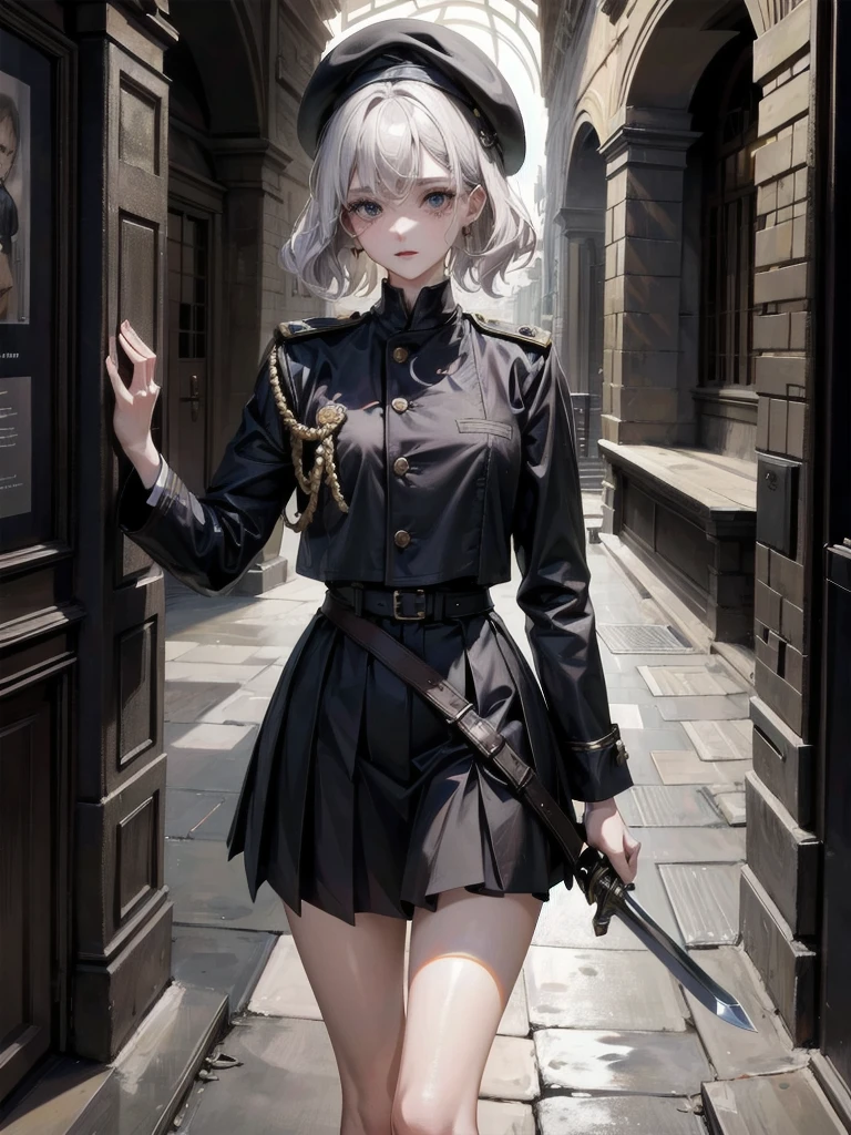 whole body, beret, skirt, uniform, holding a sword, (at night), (in Forgotten Place), absurdres, RAW photo, extremely delicate and beautiful, masterpiece, Best Quality, ultra high resolution, 32k, hyperrealistic, ultra-detailed, perfect figure, perfect shape, detailed description, pale skin, 20 years old, detailed beautiful face and eyes, tearful mole, earring, short medium hair, wavy hair,
