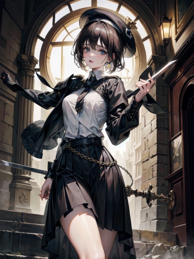whole body, beret, skirt, uniform, holding a sword, (at night), (in Forgotten Place), absurdres, RAW photo, extremely delicate and beautiful, masterpiece, Best Quality, ultra high resolution, 32k, hyperrealistic, ultra-detailed, perfect figure, perfect shape, detailed description, pale skin, 20 years old, detailed beautiful face and eyes, tearful mole, earring, short medium hair, wavy hair, 