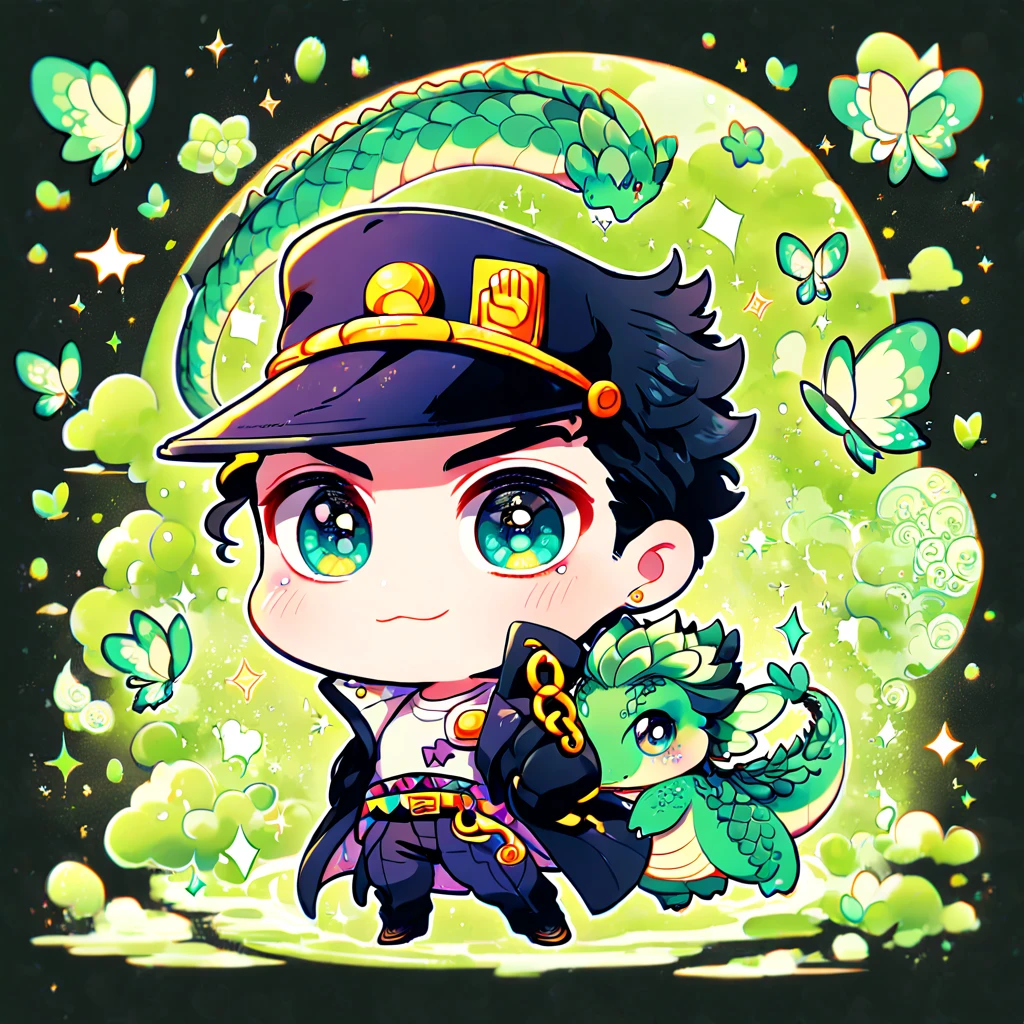 absurdres, highres, ultra detailed, HDR, master piece, best quality, Jotaro Kujo chibi, black hair, expressive green eyes, jojo's bizarre adventure, cute, hugging a green dragon, black jacket, white shirt, black hat, patterns, magical, fantasy, green background, green lotus, shining, green petals, green sparkling butterflies, green water