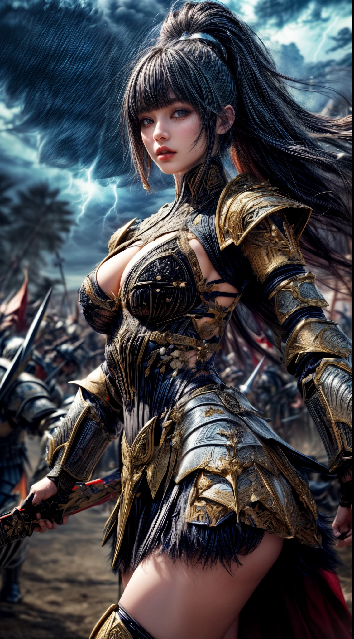 Cowboy Shot、Very beautiful woman、Slender women、(Detailed face)、Realistic Skin、((Lightning Knight)), (Ebon Armor)、((((Jet black armor with extremely intricate and detailed decorations.:1.5))))、((Delicate photo))，(Girl Astepeace RAW Photo Details:1.25), (highest quality:1.6), (超A high resolution:1.5), (Realistic:1.75), 8K resolution, Canon EOS R5, 50mm, Absurd, Ultra-detailed,Cinema Lighting,Battlefields of Medieval Europe、((battle))、RPG World、Final Fantasy、(((Embellished skirt)))、Thigh-high socks、Shin Guards、night、((Long hair with bangs,))、(Six-pack)、Torn Cloak、Beautiful Armor、(((Giant Sword)))、In combat、The wind is blowing、((Asymmetrical Armor:1.5))、(((thunderstorm)))、((Knight Commander))、(((Leading a large group of black knights)))、Banner、Wolf Pattern:1.5、(((Battle Scene)))、