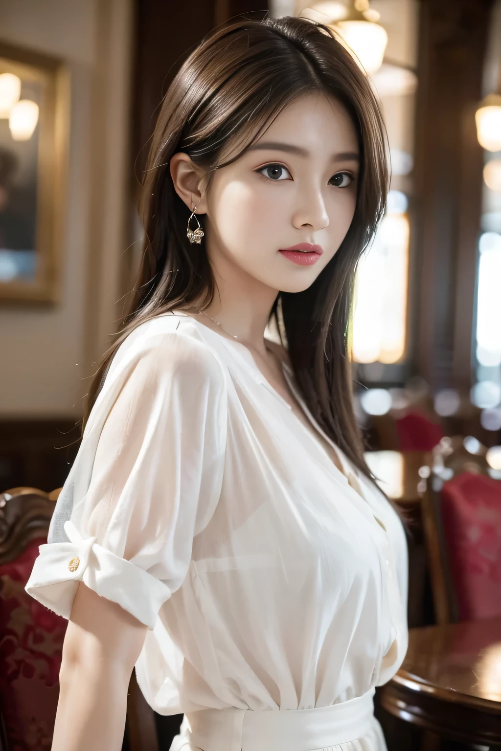 masterpiece, highest quality, Realistic, Very detailed, Finer details, High resolution, 8k wallpaper, One beautiful woman, Wear an elegant black see-through shirt, In a great restaurant, At night, Light brown messy hair、 Perfect dynamic composition, Beautiful and beautiful eyes、Big earrings