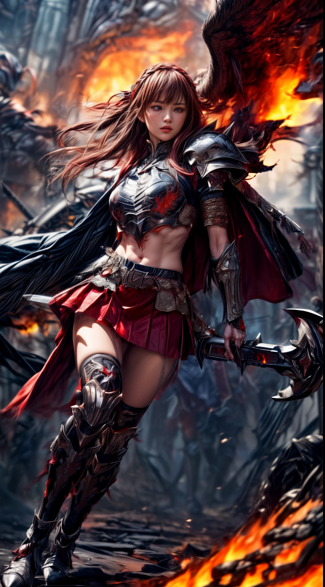 Very beautiful woman、Slender women、(Detailed face)、Realistic Skin、((Knight of Fire)), (((Crimson armor:1.25)))、((((非常に繊細で繊細な装飾が施されたCrimson armor:1.5))))、((Delicate photo)),(Girl Astepeace RAW Photo Details:1.25), (highest quality:1.6), (超A high resolution:1.5), (Realistic:1.75), 8K resolution, Canon EOS R5, 50mm, Absurd, Ultra-detailed,Cinema Lighting,Battlefields of Medieval Europe、((battle))、RPG World、Final Fantasy、(((Embellished skirt)))、Thigh-high socks、Shin Guards、night、((too long bangs))、((One long thick dark red hair braid))、(Six-pack)、Torn Cloak、Beautiful Armor、(((Giant Sword)))、In combat、The wind is blowing、(((Inferno filling the entire area)))、(((Leading a large group of red knights)))、(((Knight Commander)))、Armor with a Phoenix motif、Old scar on right cheek:1.2、((Fire blaze))、(((Intense action scenes)))