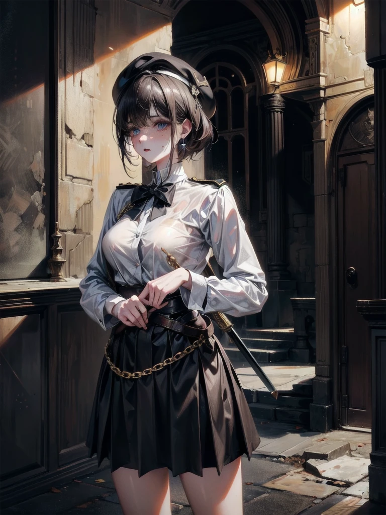 whole body, beret, skirt, military uniform, holding a sword, (at night), (in Forgotten Place), absurdres, RAW photo, extremely delicate and beautiful, masterpiece, Best Quality, ultra high resolution, 32k, hyperrealistic, ultra-detailed, perfect figure, perfect shape, detailed description, pale skin, 20 years old, detailed beautiful face and eyes, tearful mole, earring, short medium hair, wavy hair,