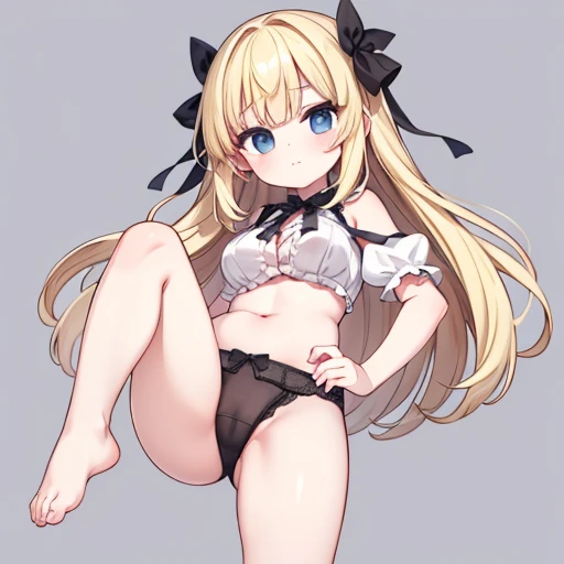  one person！！、、Innocent face human、10 year og Hair、Blonde！、With bangs、small、Big eyes、barefoot、black eye、cute、Spread your legs、With ribbon、Very large breasts、身長のsmall、体のsmall、Short legs、、Are standing、underwear、