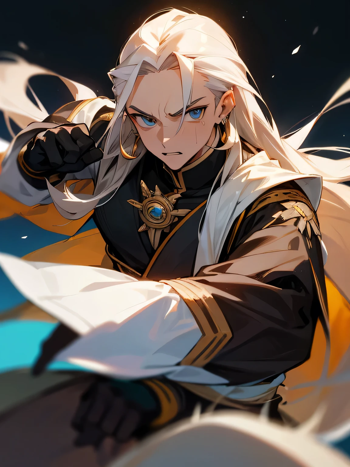 solo,upperbody,(white long hair),big forehead,Men's eyes, men's nose, men's mouth, earrings, fighting stance, Aristocrat black wiseman&#39;s clothing with geometric pattern、blue wind, colorful tree trunks,Abyss of Darkness、Silver bangles、