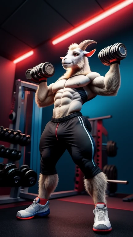 Create for me a darker gym background with red lights and a cute goat mascot, with a goat body and fitness physique holding a gym weight, preferably a dumbbell, e o bode tem que ser na cor preto com veias dilatadas e bem fofinho