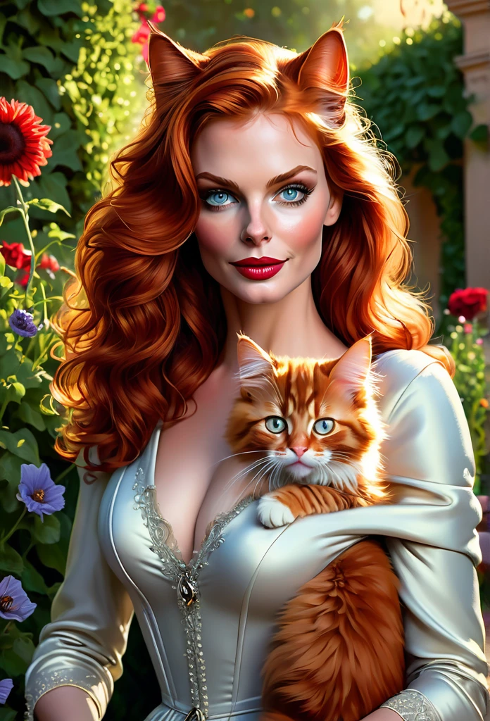 red-haired CatWoman [Anne Hathaway:Michelle Pfeiffer:0.45] with a full sized  red mainecoon cat, (best quality, masterpieces, ultra-detailed), beautiful detailed eyes, beautiful detailed lips, longeyelashes, vibrant colors, illustrative style, oil painting texture, flowing red hair, cozy garden background, soft sunlight, lively expression, joyful interaction with the cat, dynamic pose, realistic rendering.