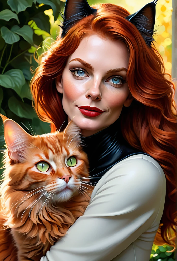 red-haired CatWoman [Anne Hathaway:Michelle Pfeiffer:0.45] with a full sized  red mainecoon cat, (best quality, masterpieces, ultra-detailed), beautiful detailed eyes, beautiful detailed lips, longeyelashes, vibrant colors, illustrative style, oil painting texture, flowing red hair, cozy garden background, soft sunlight, lively expression, joyful interaction with the cat, dynamic pose, realistic rendering.