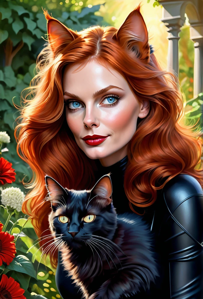 red-haired CatWoman [Anne Hathaway:Michelle Pfeiffer:0.45] with a full sized  red mainecoon cat, (best quality, masterpieces, ultra-detailed), beautiful detailed eyes, beautiful detailed lips, longeyelashes, vibrant colors, illustrative style, oil painting texture, flowing red hair, cozy garden background, soft sunlight, lively expression, joyful interaction with the cat, dynamic pose, realistic rendering.