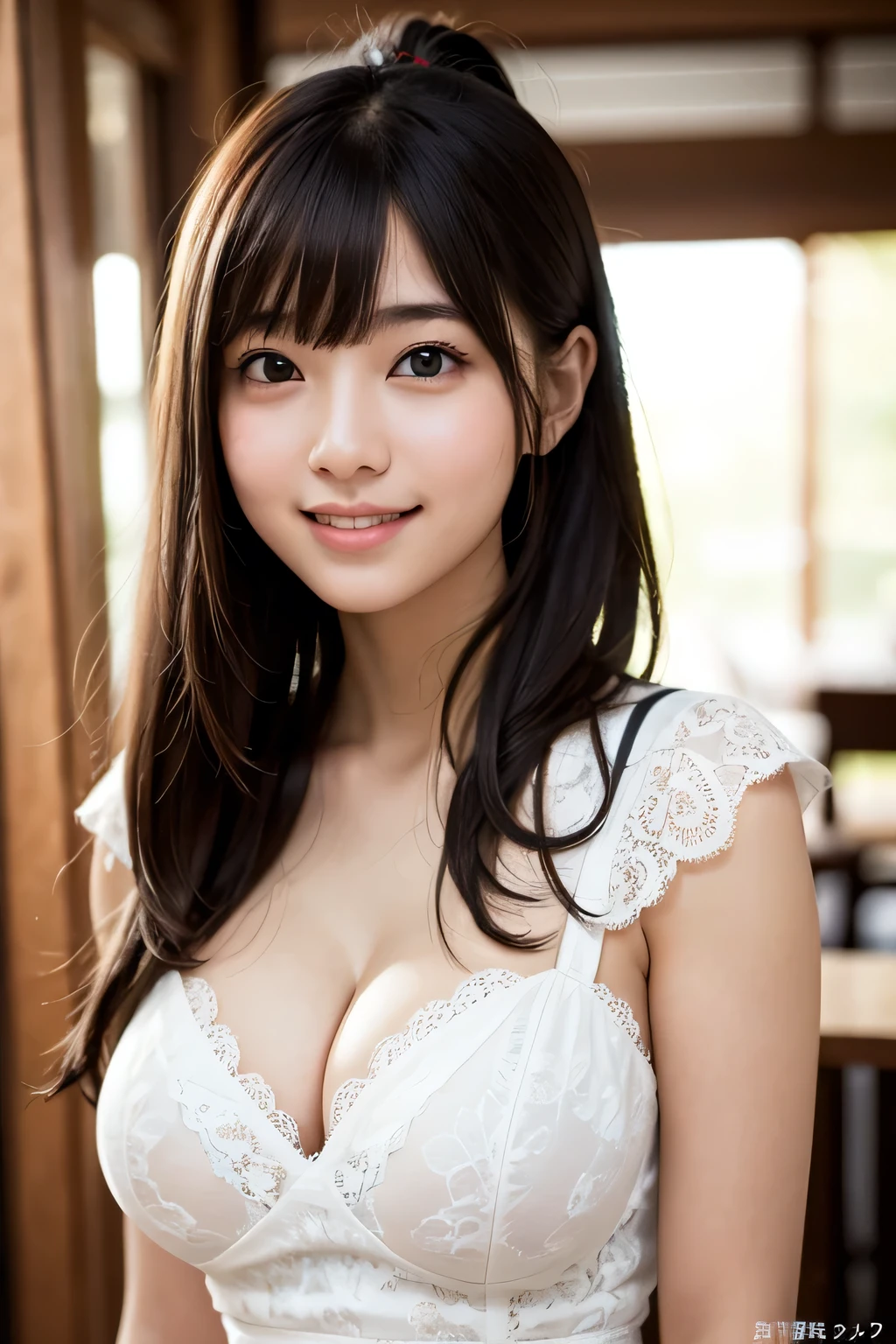 brightexpression、photorealistic stick:1.32、highest quality、超A high resolution、Photos of the most beautiful Japan girls、cute and beautiful face details、small face、(Pueros face_V1:0.008)、Beautiful bangs、18 years old、Brilliant white skin、hair gets tangled in face、Bangs that reach down to the face、bangs、hair between eyes、super long hair、charming brown silky hair、bright、Clear light blue eyes shine charmingly、ample breasts、Dynamic poses highest quality、disorganized、((the cutest girl in the world))、Japanese、18 years oldの女の子、Cafe、((lace dress:1.3))、(half up hair:1.3)、(tie with a thin ribbon)、nice and cute、innocent smile、nice smile、cleavage、(big breasts:1.3)、ponytail、brown hair、thin waist、detailed beautiful eyes、face forward、Upper body、close up of face、Front view、