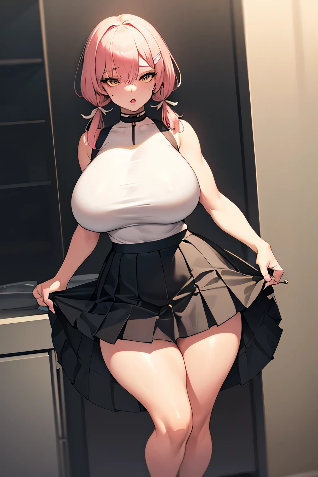 masterpiece,highest quality,whole body,Perfect Face,woman,girl,fix,White marble glowing skin,Curvy,Huge breasts,Wide Hips,Thick thighs,muscular woman,alone,athlete,student,Mole under the eye,Colored eyelashes,Big eyes,Close one eye,Open your mouth,Mischievous face,Sticking out tongue,short hair,Pink Hair,Yellow Hair,Low twin tails,Short Twin Tails,Pixie Cut,Wavy Hair,Hair Ribbon,Hair Ribbon,Hair Clip,choker,stud earrings,ring,Skirt flip,,Pleated skirt,stockings,Combat Boots,in autumn,sun,Gym