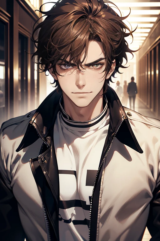 (tmasterpiece, high resolution, ultra - detailed:1.0), (1 male, masculine face), Perfect male body, Adult male, Delicate eyes and delicate face, Extremely detailed CG, Unity 8k wallpaper, Complicated details, Detailed face, (brown hair, messy hair, serious faces, white T-shirt,Bad students), (frown,evil smile:1.3), hand in pocket, school corridor,black leather jacket, color difference, Depth of field, dramatic shadow, Ray tracing, Best quality, Cinematic lighting, offcial art,Portrait