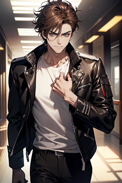 (tmasterpiece, high resolution, ultra - detailed:1.0), (1 male, masculine face), Perfect male body, Adult male, Delicate eyes and delicate face, Extremely detailed CG, Unity 8k wallpaper, Complicated details, Detailed face, (brown hair, messy hair, serious faces, white T-shirt,Bad students), (frown,evil smile:1.3), hand in pocket, school corridor,black leather jacket, color difference, Depth of field, dramatic shadow, Ray tracing, Best quality, Cinematic lighting, offcial art,Portrait