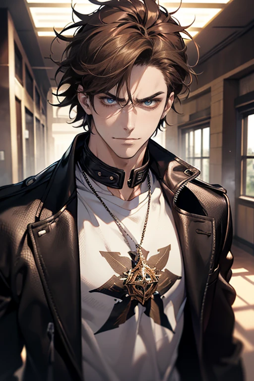 (tmasterpiece, high resolution, ultra - detailed:1.0), (1 male, masculine face), Perfect male body, Adult male, Delicate eyes and delicate face, Extremely detailed CG, Unity 8k wallpaper, Complicated details, Detailed face, (brown hair, messy hair, serious faces, white T-shirt,Bad students), (frown,evil smile:1.3), hand in pocket, school corridor,black leather jacket, color difference, Depth of field, dramatic shadow, Ray tracing, Best quality, Cinematic lighting, offcial art,Portrait
