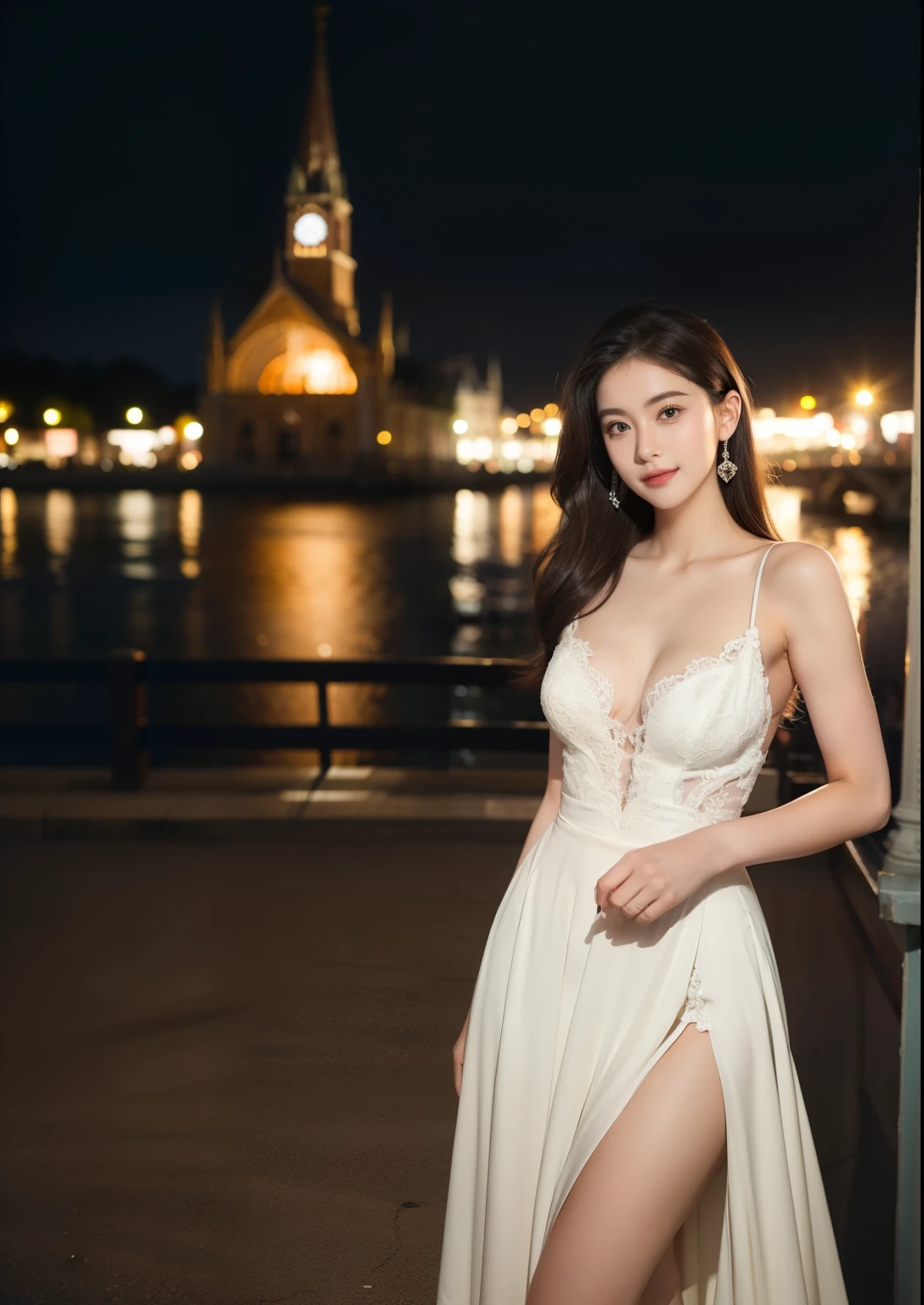 Beautiful 25 year old skinny woman。She is wearing a wedding dress. She is smiling on illuminated by the evening church lights on the romantic sunset time. her dark brown hair. High resolution、masterpiece、highest quality、頭w:1.0、((Hasselblad Photos))、fine skin、(movie lighting)、clavicle . full body picture.
