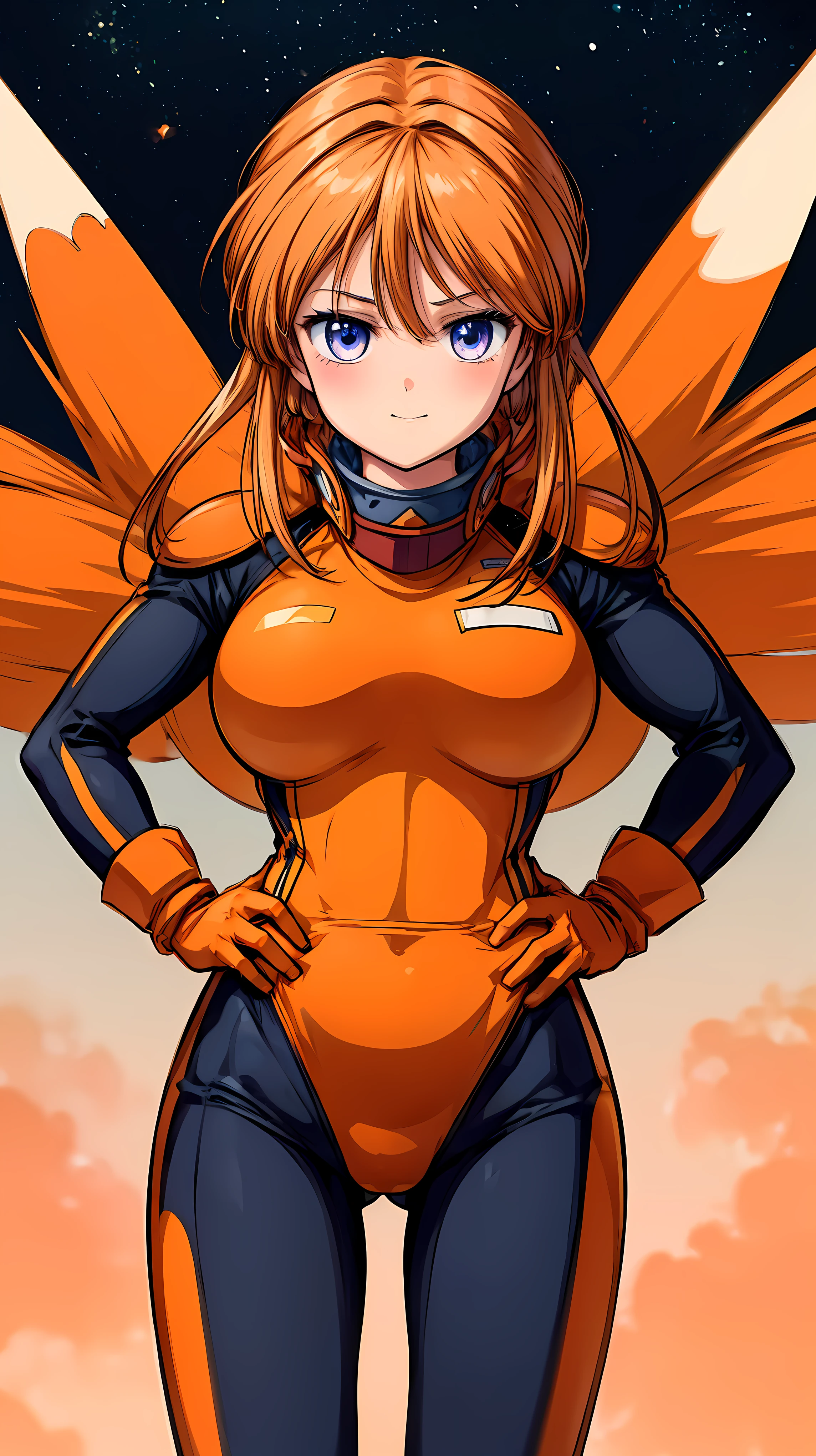 Very detailed、highest quality、Best image quality、masterpiece、8k、Anime Face、lppl2、Pilot Suit、(SFW Giant)、Big Breasts、Orange Hair、Hands on hips