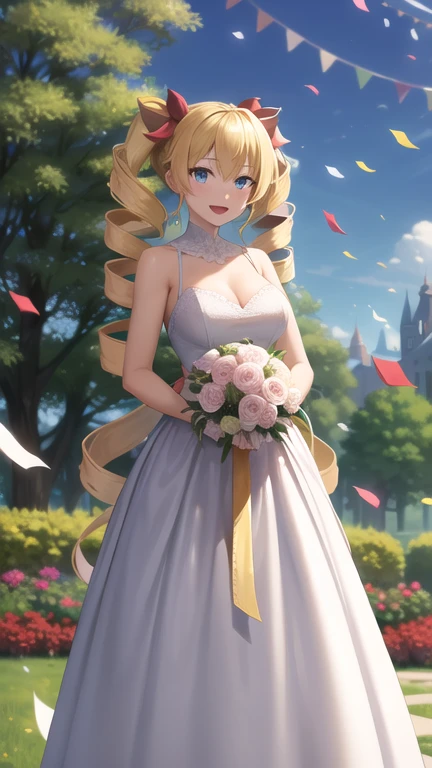 masterpiece, best quality, highres, Claire Harvey, long hair, twintails, twin drills, hair ribbon, wedding dress, standing, garden, confetti, holding bouquet, smile, open mouth,