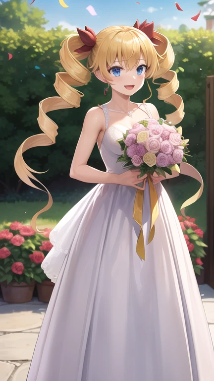 masterpiece, best quality, highres, Claire Harvey, long hair, twintails, twin drills, hair ribbon, wedding dress, standing, garden, confetti, holding bouquet, smile, open mouth,