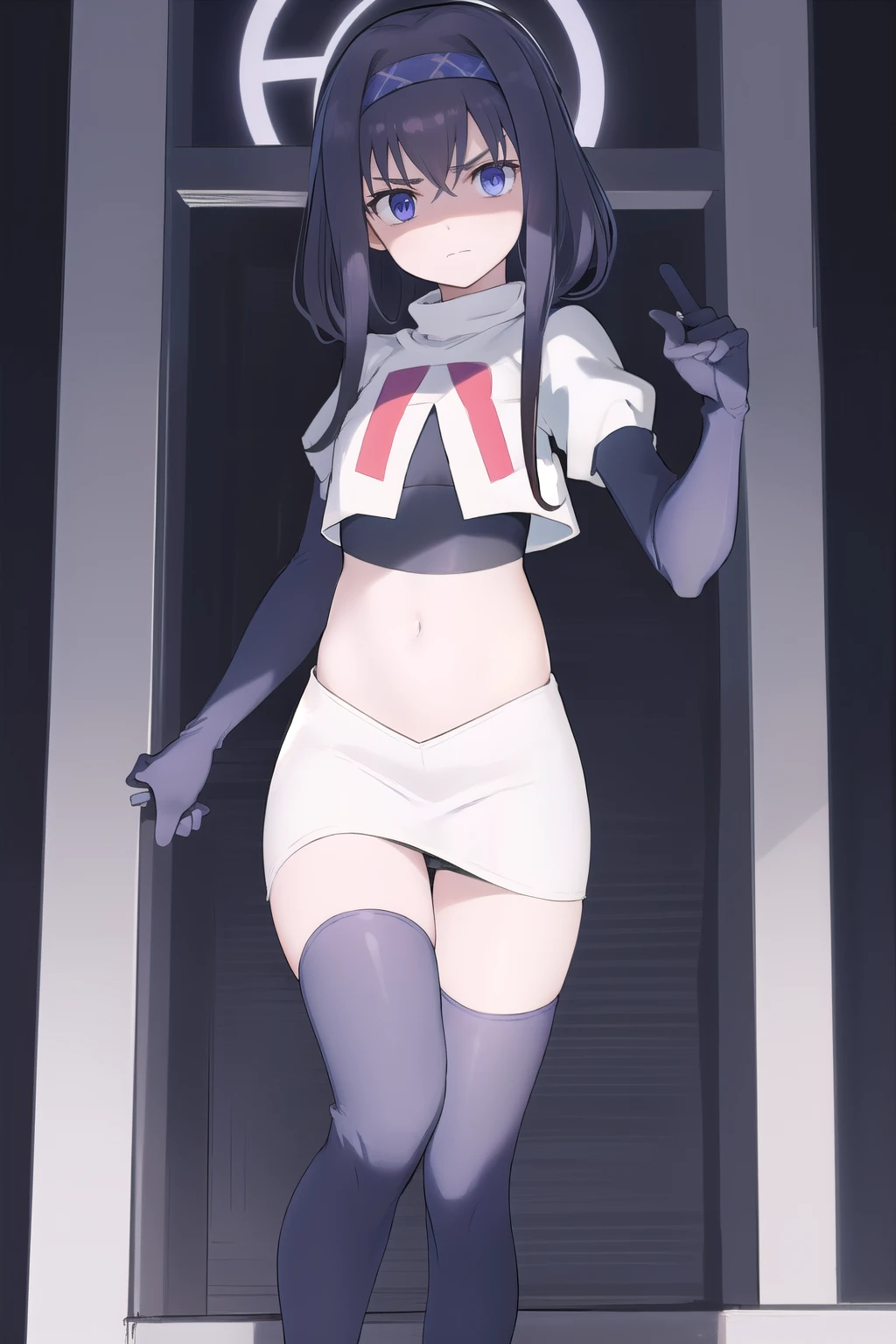 uidef, violet blue eyes,headband,team rocket,team rocket uniform,white skirt,red letter R,crop top,black thigh-highs,black elbow gloves, looking at viewer, moody lighting, facing viewer,expressionless,sanpaku,