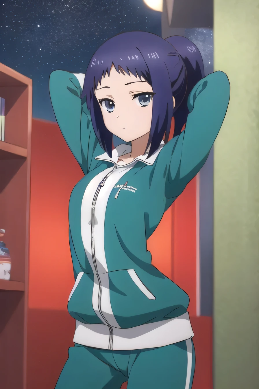 solo, 1girl, looking at viewer, 2D, anime, anime coloring, (cowboy shot:1.5), solo, night sky, beach, arms behind head, contrapposto, spread armpits, looking at viewer, best quality, closed mouth, expressionless, minami oosawa, track jacket, 