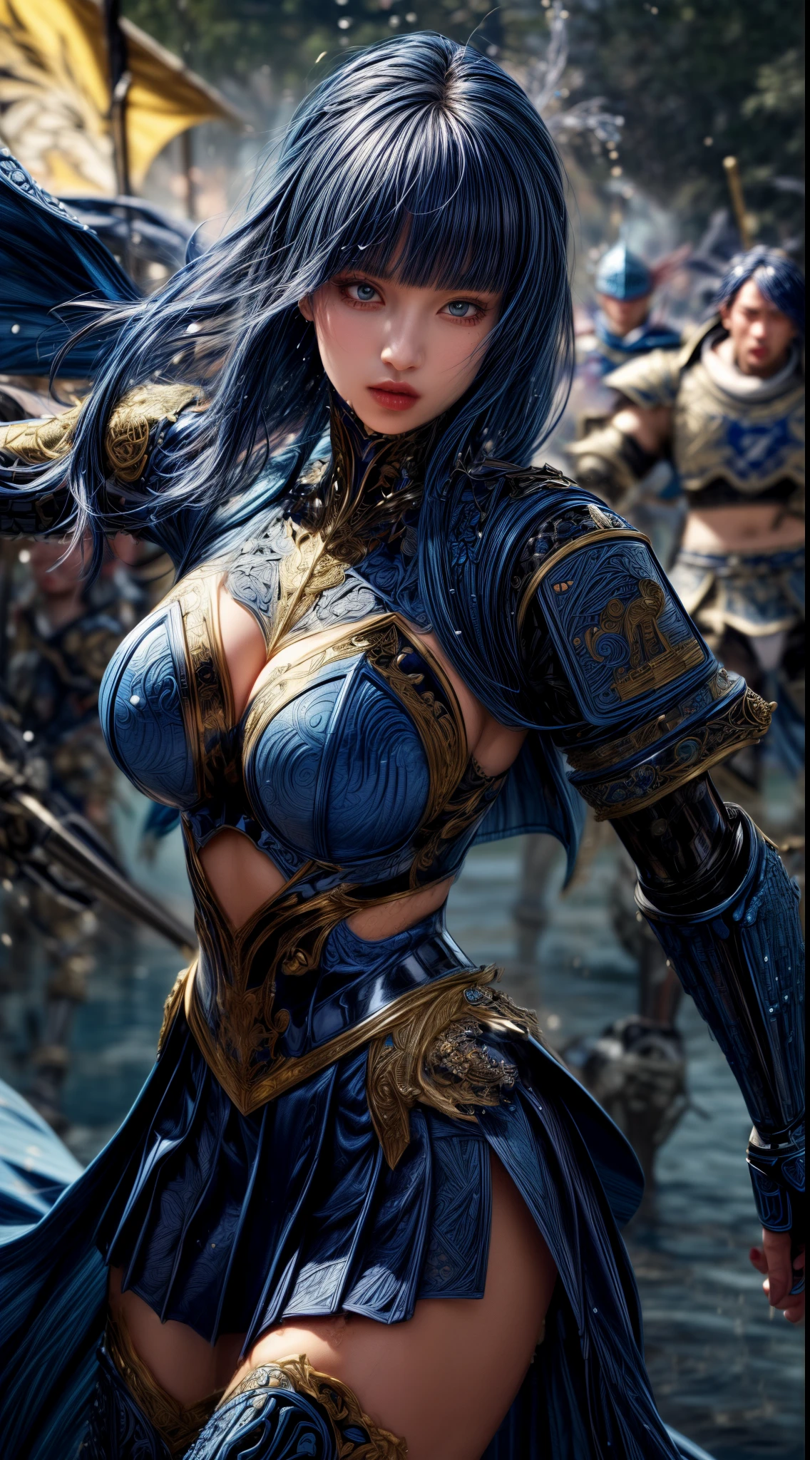 Very beautiful woman、Slender women、(Detailed face)、Realistic Skin、((Water Knight)), ((Navy Blue Armor))、((((Dark blue armor with very intricate and detailed decoration:1.5))))、((Delicate photo)),(Girl Astepeace RAW Photo Details:1.25), (highest quality:1.6), (超A high resolution:1.5), (Realistic:1.75), 8K resolution, Canon EOS R5, 50mm, Absurd, Ultra-detailed,Cinema Lighting,((battlefield))、((battle))、(((Navy Skirt with Embellishments)))、Thigh-high socks、Shin Guards、((Dark blue hair))、((Bowl cut hairstyle with bangs))、Get six-pack、Cape、Beautiful Armor、(((Has a huge weapon)))、(In combat)、The wind is blowing、((Symmetrical Armor))、((((Splash))))、(((Leading a large group of blue knights:1.2)))、Banner、Armor with a dragon motif、(((Battle Scene)))