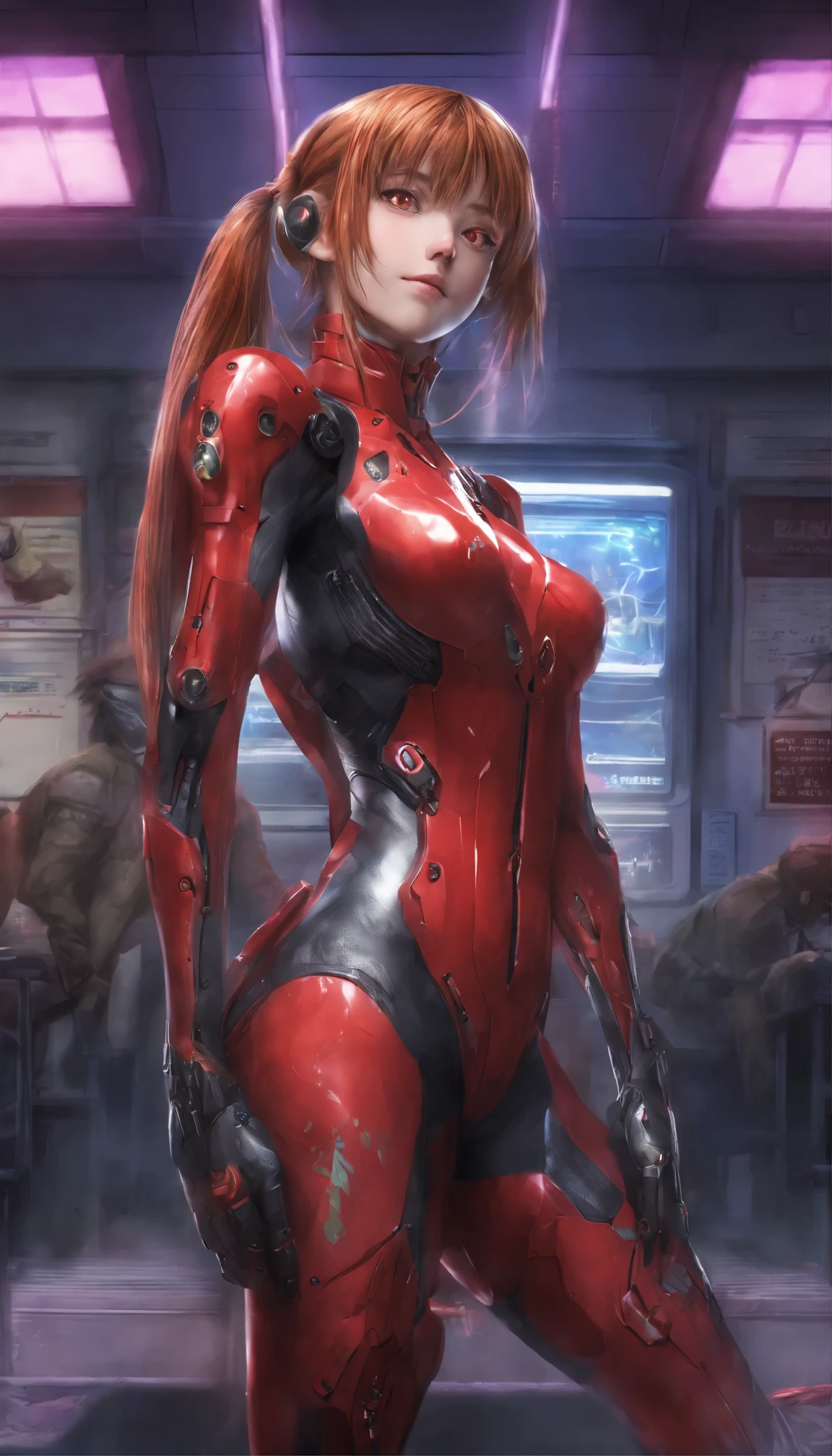 with high definition images,Anime Images, Anime girl standing alone in a Neon Genesis Evangelion scene、Introducing 19-year-old Asuka Langley。Short, stylish bangs frame her detailed hazel brown eyes.、Wears a high-definition red armored costume featuring the plug suit。Her medium-sized bust is hidden by a red armored suit.、She looks straight at the audience and smiles confidently.。The backdrop is a beautifully crafted Western-style room decorated with neon lights.、It has a surreal atmosphere。In the background is Evangelion III.The unit is standing