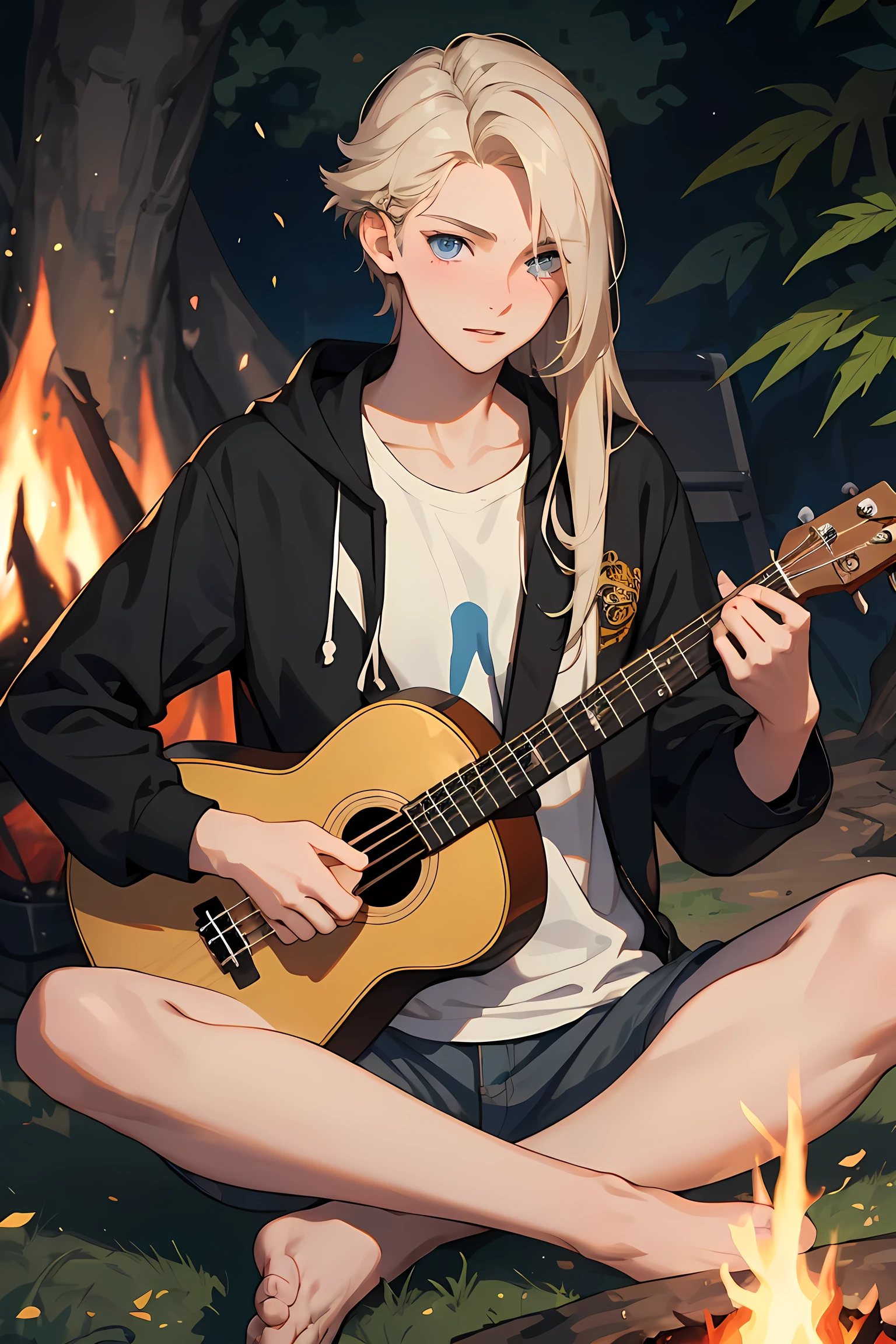 Masterpiece, best quality,  Create a british blond  male with grey blue eyes beeinflusst completely high on weed sitting next to a campfire playing ukulele
