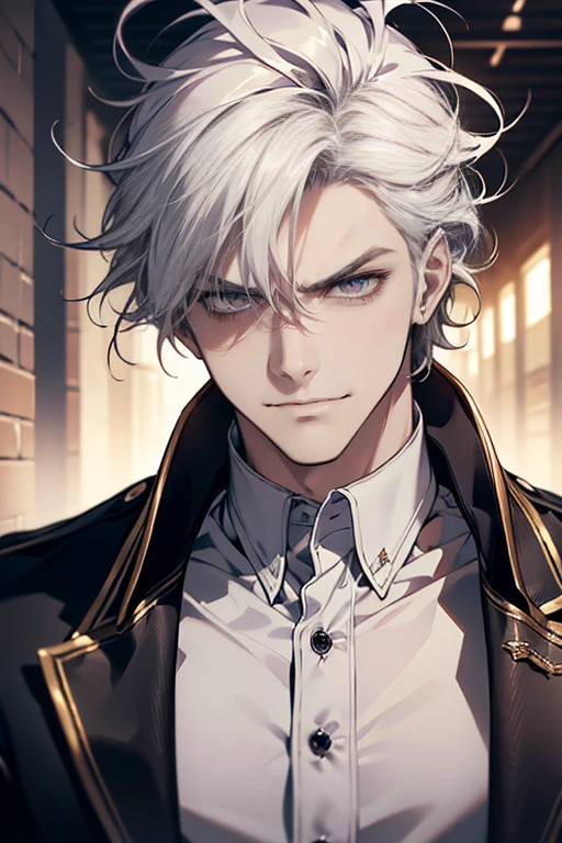 (tmasterpiece, high resolution, ultra - detailed:1.0), (1 male, masculine face), Perfect male body, tall and strong, Adult male, Delicate eyes and delicate face, Extremely detailed CG, Unity 8k wallpaper, Complicated details, Detailed face, (white hair, messy hair, serious faces, white shirts,Bad students), (frown,evil smile:1.3), stad in school corridor, street style, color difference, Depth of field, dramatic shadow, Ray tracing, Best quality, Cinematic lighting, offcial art,Portrait