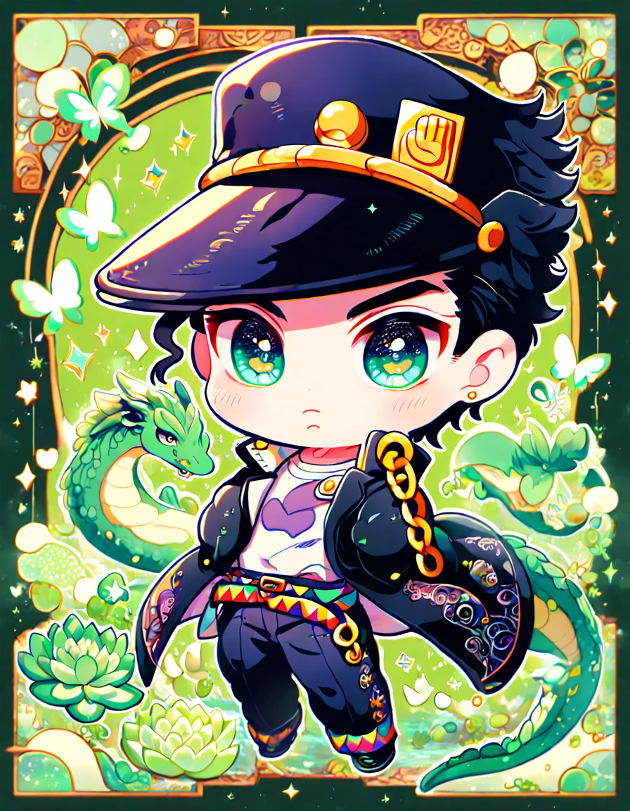 absurdres, highres, ultra detailed, HDR, master piece, best quality, Jotaro Kujo chibi, black hair, expressive green eyes, jojo's bizarre adventure, cute, hugging a green dragon, black jacket, white shirt, black hat, patterns, magical, fantasy, green background, green lotus, shining, green petals, green sparkling butterflies, green water