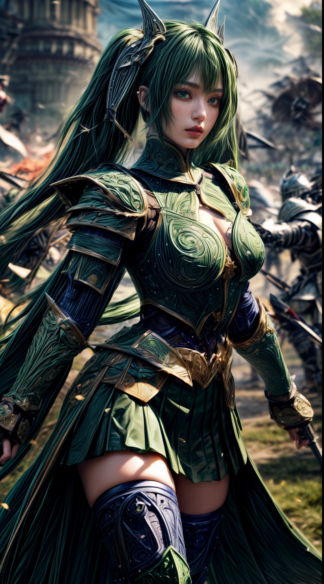 Very cute 、No makeup、Slender、(((low length)))、(Detailed face)、Realistic Skin、((Wind Knight)), ((Dark Green Armor))、((((Deep green armor with extremely intricate and detailed decoration.:1.5))))、((Delicate photo)),(Girl Astepeace RAW Photo Details:1.25), (highest quality:1.6), (超A high resolution:1.5), (Realistic:1.75), 8K resolution, Canon EOS R5, 50mm, Absurd, Ultra-detailed,Cinema Lighting,((battlefield))、((battle))、(((Decorative green skirt)))、Thigh-high socks、Shin Guards、((Dark green hair))、((Low Twintails))、((Hairstyle with bangulticolored Hair))、(Six-pack)、Cape、Beautiful Armor、(((Has a huge weapon)))、(In combat)、The wind is blowing、((Symmetrical Armor))、((((tornado))))、(((Leading a large group of knights:1.2)))、Banner、Lion-themed armor、(((Battle Scene)))