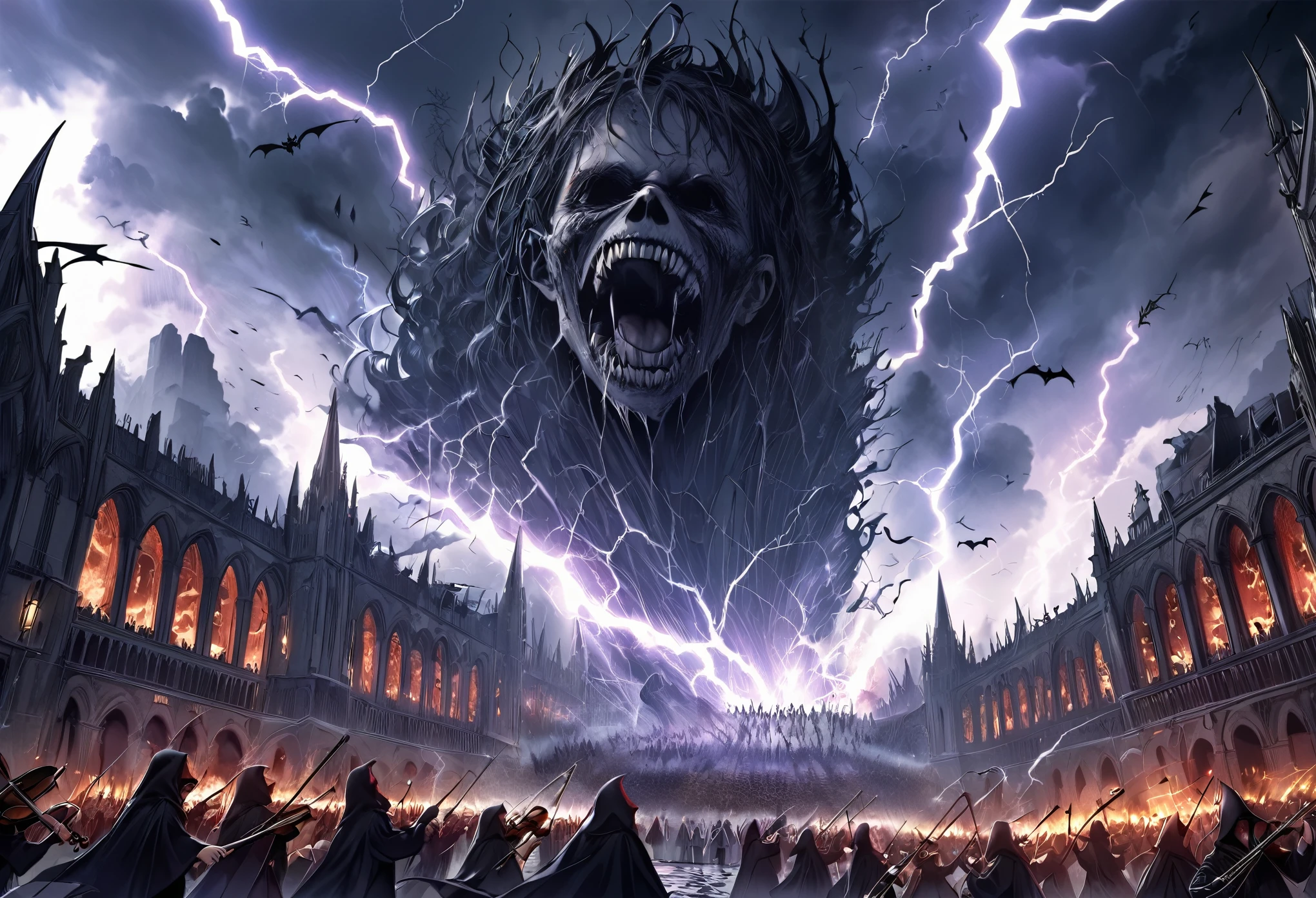 best quality, super fine, 16k, incredibly absurdres, extremely detailed, delicate and dynamic, Devil's Choir and Orchestra, Dark Horror Fantasy, Dark, Scary, Lightning, Cracks, Collapse, End of the World, Fleeing