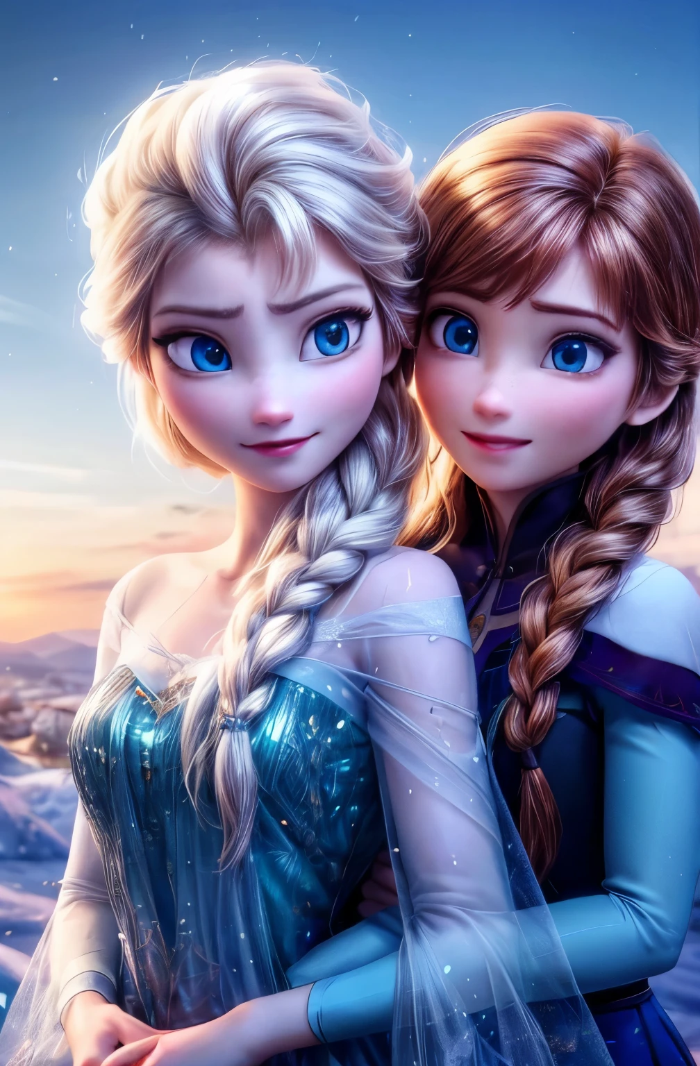 Two Girls,(Anna:1.1),Anna,Elsa,together,アナとElsa，movie，Frozen，（8K，RAW Photos），（Best Quality），（Masterpiece Loose），（Realistic，）（写実的でRealistic），（High resolution），Hyper Detail，（Gentel Realism：1.1），Beautiful Face， （1 Female：1.1），High resolution), (8k), (Very detailed), (4K), (Pixiv), Perfect Face, Beautiful eyes and face, (highest quality), (Very detailed), Detailed face and eyes, (alone), Textured skin, Absurd, High resolution, (Dynamic Angle:1.3) (Dynamic Pose:1.3)，live-action，Portraiture，More realistic，Realisticな，最High resolution，