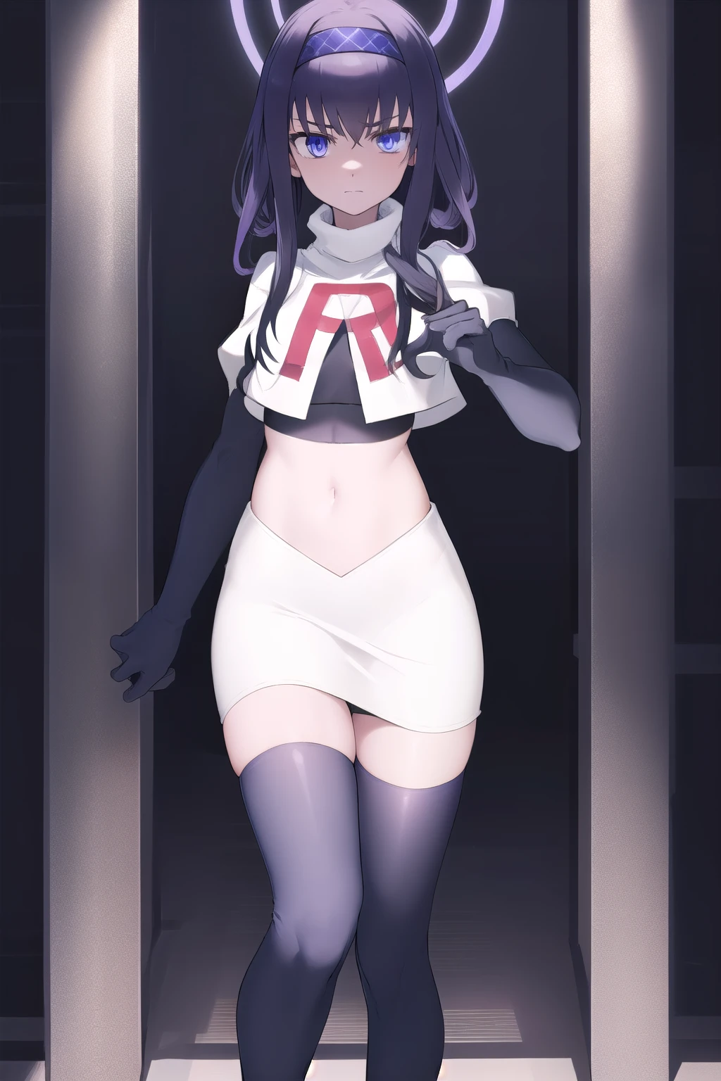 uidef, violet blue eyes,headband,team rocket,team rocket uniform,white skirt,red letter R,crop top,black thigh-highs,black elbow gloves, looking at viewer, moody lighting, facing viewer,expressionless,sanpaku,