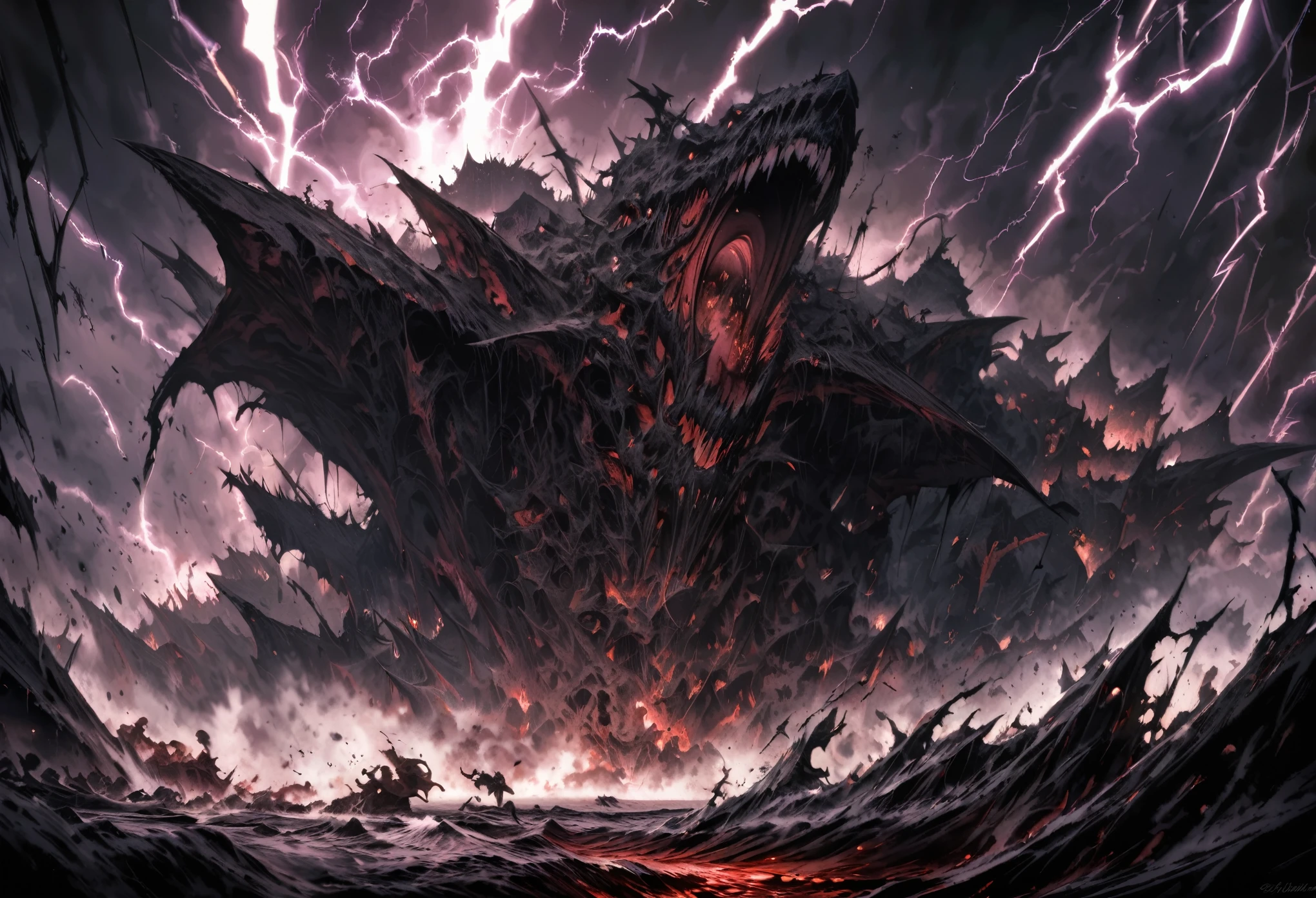 best quality, super fine, 16k, incredibly absurdres, extremely detailed, delicate and dynamic, Devil's Choir and Orchestra, Dark Horror Fantasy, Dark, Scary, Lightning, Cracks, Collapse, End of the World, Fleeing