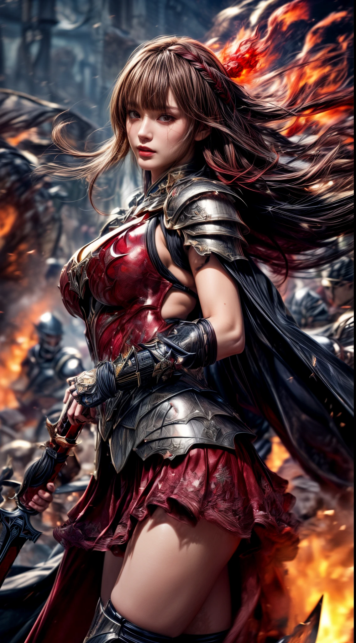 Very beautiful woman、Slender women、(Detailed face)、Realistic Skin、((Knight of Fire)), (((Crimson armor:1.25)))、((((非常に繊細で繊細な装飾が施されたCrimson armor:1.5))))、((Delicate photo))，(Girl Astepeace RAW Photo Details:1.25), (highest quality:1.6), (超A high resolution:1.5), (Realistic:1.75), 8K resolution, Canon EOS R5, 50mm, Absurd, Ultra-detailed,Cinema Lighting,Battlefields of Medieval Europe、((battle))、RPG World、Final Fantasy、(((Embellished skirt)))、Thigh-high socks、Shin Guards、night、((too long bangs))、((One long thick dark red hair braid))、(Six-pack)、Torn Cloak、Beautiful Armor、(((Giant Sword)))、In combat、The wind is blowing、(((Inferno filling the entire area)))、(((Leading a large group of red knights)))、(((Knight Commander)))、Armor with a Phoenix motif、Old scar on right cheek:1.2、((Fire blaze))、(((Intense action scenes)))