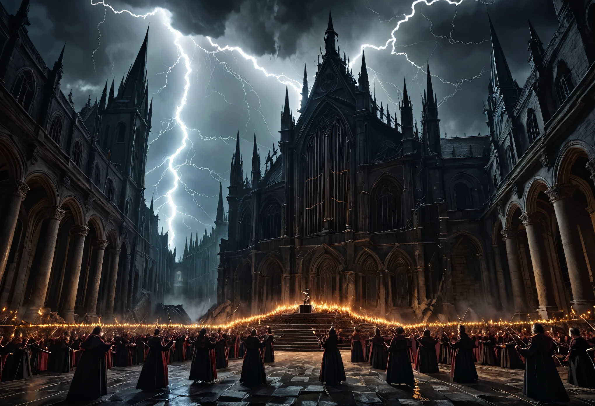 best quality, super fine, 16k, incredibly absurdres, extremely detailed, delicate and dynamic, Devil's Choir and Orchestra, Dark Horror Fantasy, Dark, Scary, Lightning, Cracks, Collapse, End of the World, Fleeing