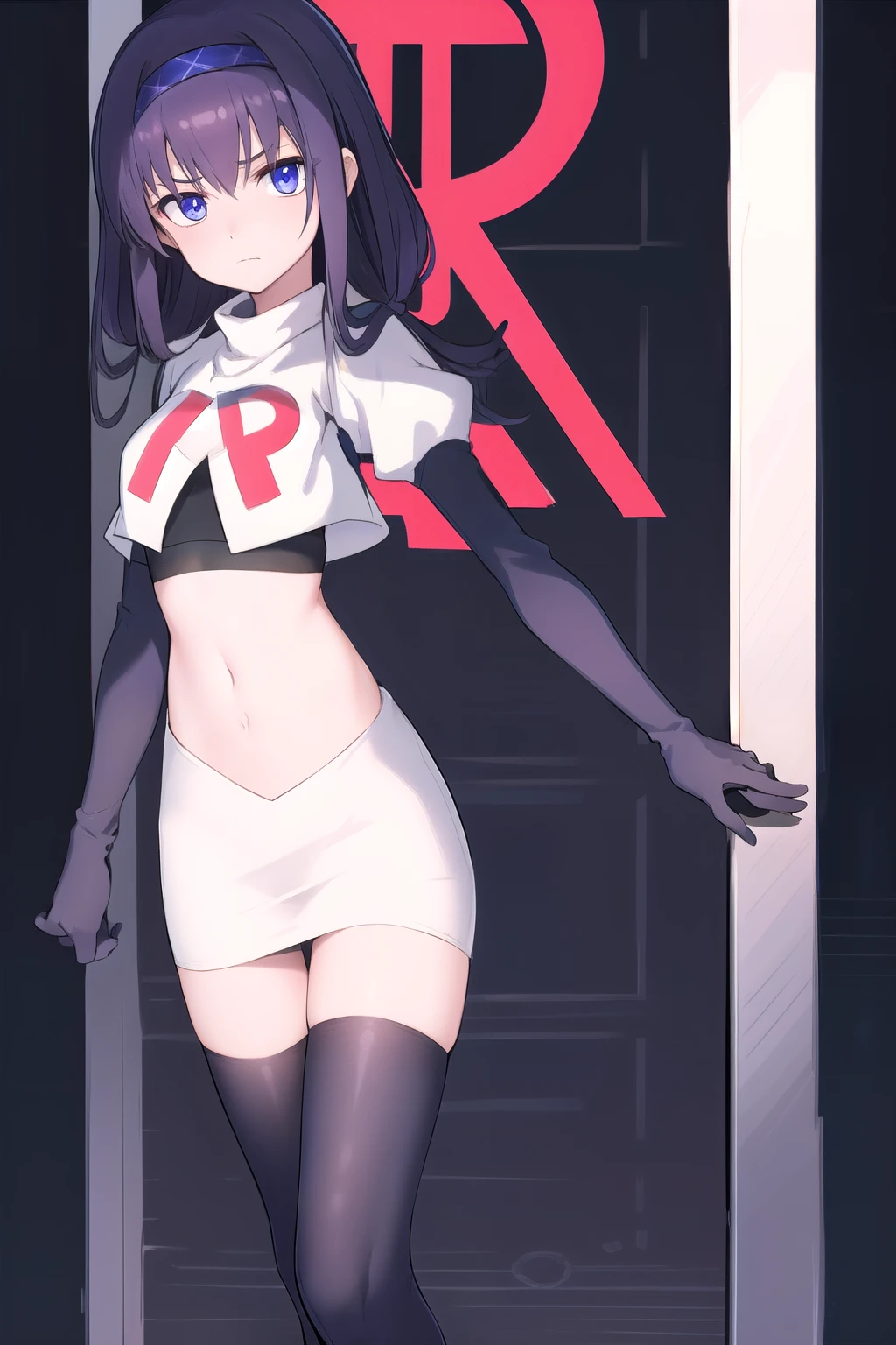 uidef, violet blue eyes,headband,team rocket,team rocket uniform,white skirt,red letter R,crop top,black thigh-highs,black elbow gloves, looking at viewer, moody lighting, facing viewer,expressionless,sanpaku,