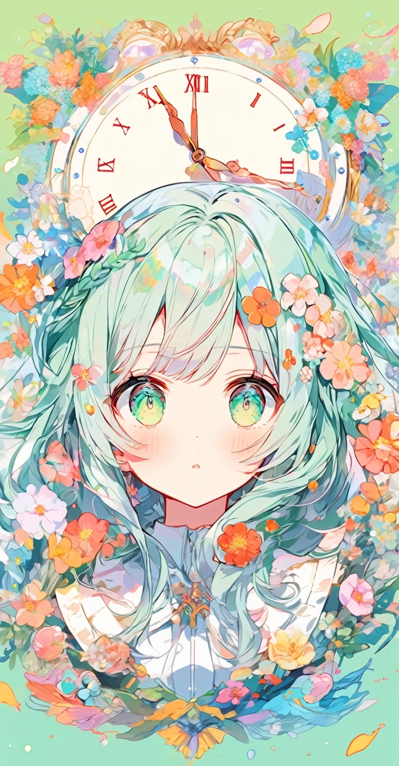 Flowers in hair、Anime girl with green background, Anime Style 4k, Official artwork, Dreamy psychedelic anime, anime abstract art, Beautiful anime artwork, Anime Moe Art Style, Anime Graphic Illustration, anime art wallpaper 4k, anime art wallpaper 4k, Beautiful anime art, Official Anime Artwork, Digital anime art!!, UFOTABLE art style,whole body,Clock Background,Night Sky