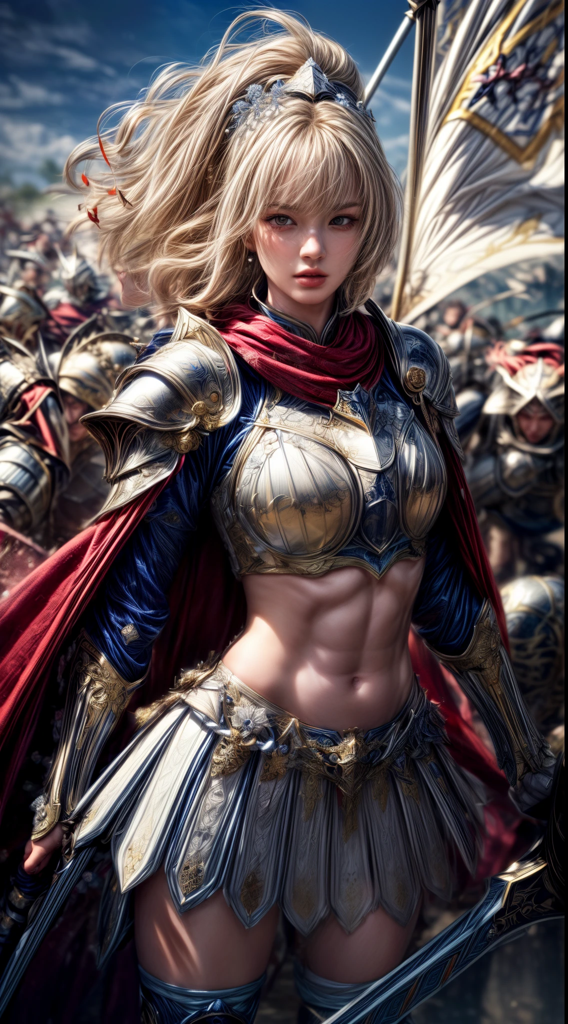 Very beautiful woman、Slender women、(Detailed face)、Realistic Skin、((holy knight)), ((Pearl White Armor))、((((White armor with very delicate and delicate decorations:1.5))))、((Delicate photo)),(Girl Astepeace RAW Photo Details:1.25), (highest quality:1.6), (超A high resolution:1.5), (Realistic:1.75), 8K resolution, Canon EOS R5, 50mm, Absurd, Ultra-detailed,Cinema Lighting,((battlefield))、((battle))、(((White skirt with embellishments)))、Thigh-high socks、Shin Guards、((Blonde))、((Curly Hair))、((Drill Hair))、((Wavy short hair with bangs,))、(I can see your ripped abs)、Cape、Beautiful Armor、(((Has a huge weapon)))、(In combat)、The wind is blowing、((Symmetrical Armor))、((((Light shines in))))、(((Leading a large group of knights:1.2)))、Banner、Mark of the Goddess、(((Battle Scene)))