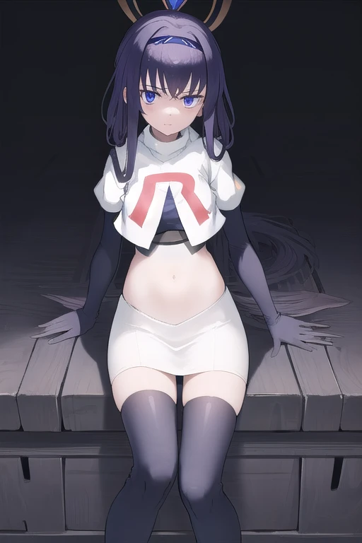 uidef, violet blue eyes,headband,team rocket,team rocket uniform,white skirt,red letter R,crop top,black thigh-highs,black elbow gloves, looking at viewer, moody lighting, facing viewer,expressionless,sanpaku,