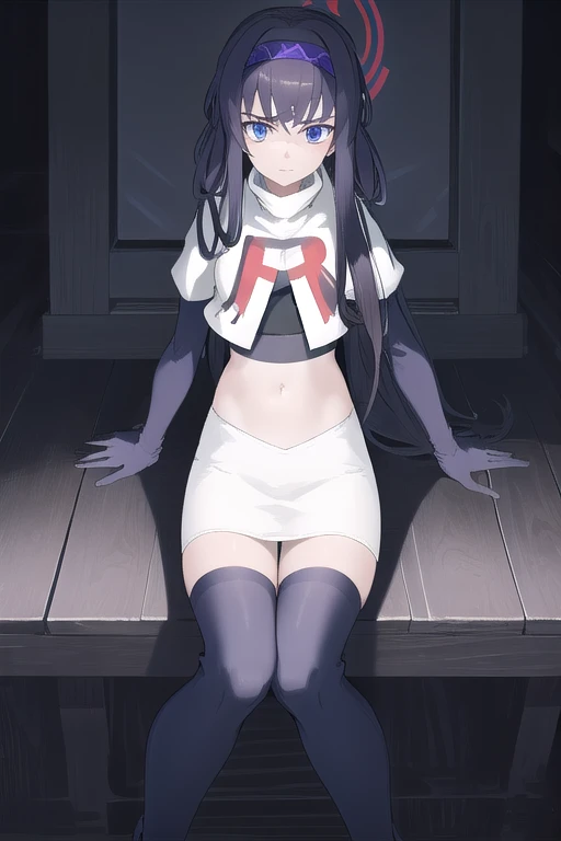 uidef, violet blue eyes,headband,team rocket,team rocket uniform,white skirt,red letter R,crop top,black thigh-highs,black elbow gloves, looking at viewer, moody lighting, facing viewer,expressionless,sanpaku,
