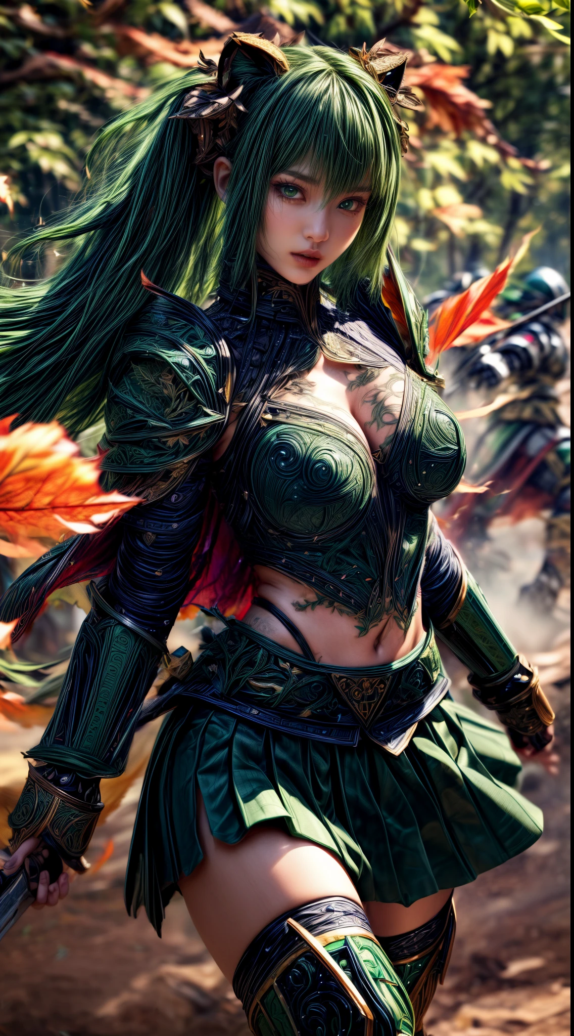 Very cute 、No makeup、Slender、(((low length)))、(Detailed face)、Realistic Skin、((Wind Knight)), ((Dark Green Armor))、((((Deep green armor with extremely intricate and detailed decoration.:1.5))))、((Delicate photo)),(Girl Astepeace RAW Photo Details:1.25), (highest quality:1.6), (超A high resolution:1.5), (Realistic:1.75), 8K resolution, Canon EOS R5, 50mm, Absurd, Ultra-detailed,Cinema Lighting,((battlefield))、((battle))、(((Decorative green skirt)))、Thigh-high socks、Shin Guards、((Dark green hair))、((Low Twintails))、((Hairstyle with bangulticolored Hair))、(Six-pack)、Cape、Beautiful Armor、(((Has a huge weapon)))、(In combat)、The wind is blowing、((Symmetrical Armor))、((((Tornado that engulfed leaves))))、(((Leading a large group of knights:1.2)))、Banner、Lion-themed armor、(((Battle Scene)))