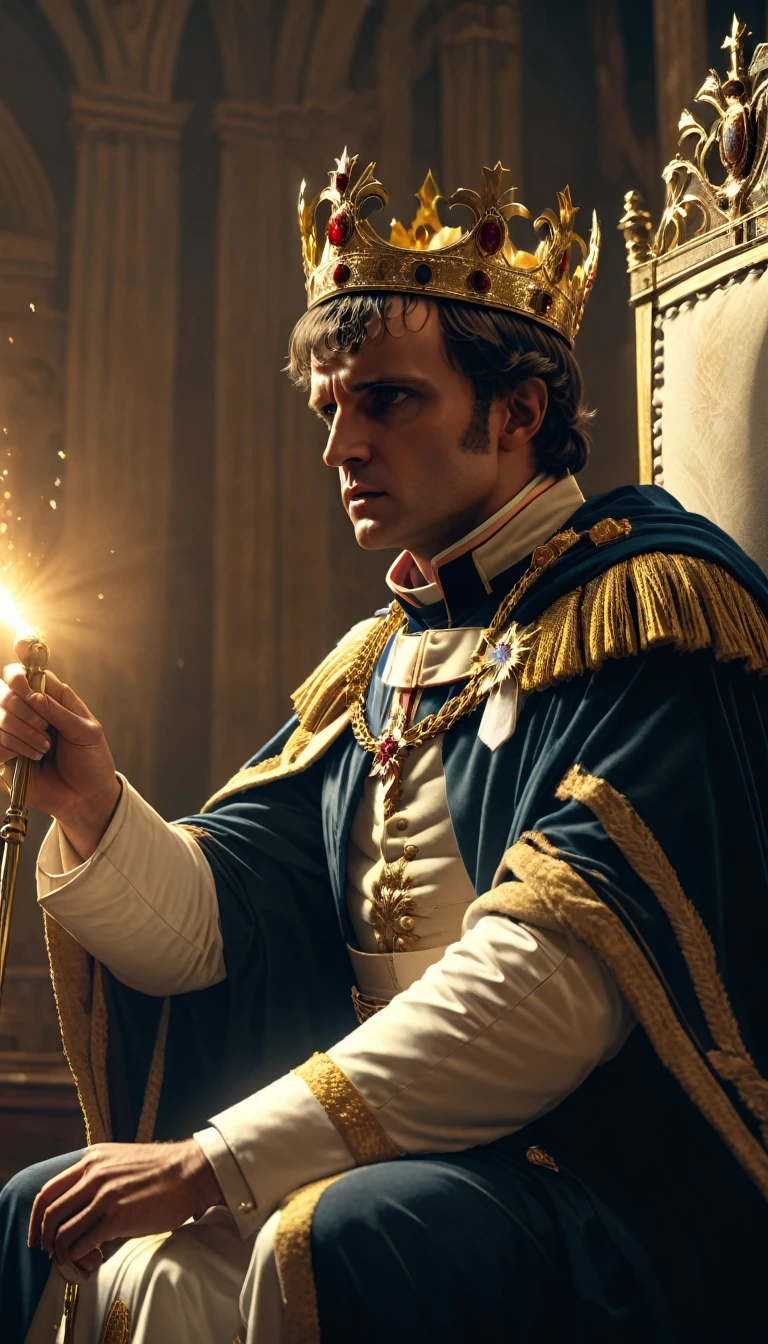 Create an image showing Napoleon Bonaparte dramatically nailing the crown from the pope's hands and crowning himself during a major debate, digital UHD (64k) image, cinematic film still dramatic side lighting, dramatic intense stare closeup portrait,  hdr,  shallow depth of field, vignette, highly detailed, high budget Hollywood film, cinemascope, moody, epic, gorgeous
, Highly detailed and clean, Photorealistic and cinematic masterpiece, professional photography, realistic, realism, 200k , Raytracing and light effect, digital, perfect composition, beautiful detailed intricate insanely detailed octane render trending on artstation, 8 k artistic photography, photorealistic concept art, soft natural volumetric cinematic perfect light, award - winning photograph, masterpiece, raphael, caravaggio, greg rutkowski, beeple, beksinski, giger