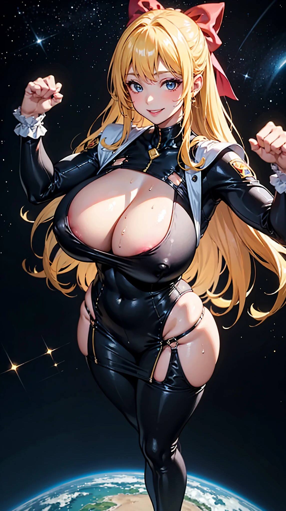 Digital Painting, Superhero, Muscle Girl in bodysuit, Korean idol face, blonde long hair in wind, little smiling young female, pose, fist up, Raise your arms, 1 ((Raise knees)), (((From above))), Behance Contest Winner, Afrofuturism, Synthwave, neon, glowing neon, tight ((((sagging massive breasts)))), mini skirt with frill, Fluttering cape, ribbon, intricate micro bikini, Large areola, Big nipples, Sweat, glossy silky skin, ((smile)), Thick waist, cosmic sparkling in space, Real Background, frying, in dynamic perspective, in (:Realistic:0.5) detailed coloring finished, 4K much more,