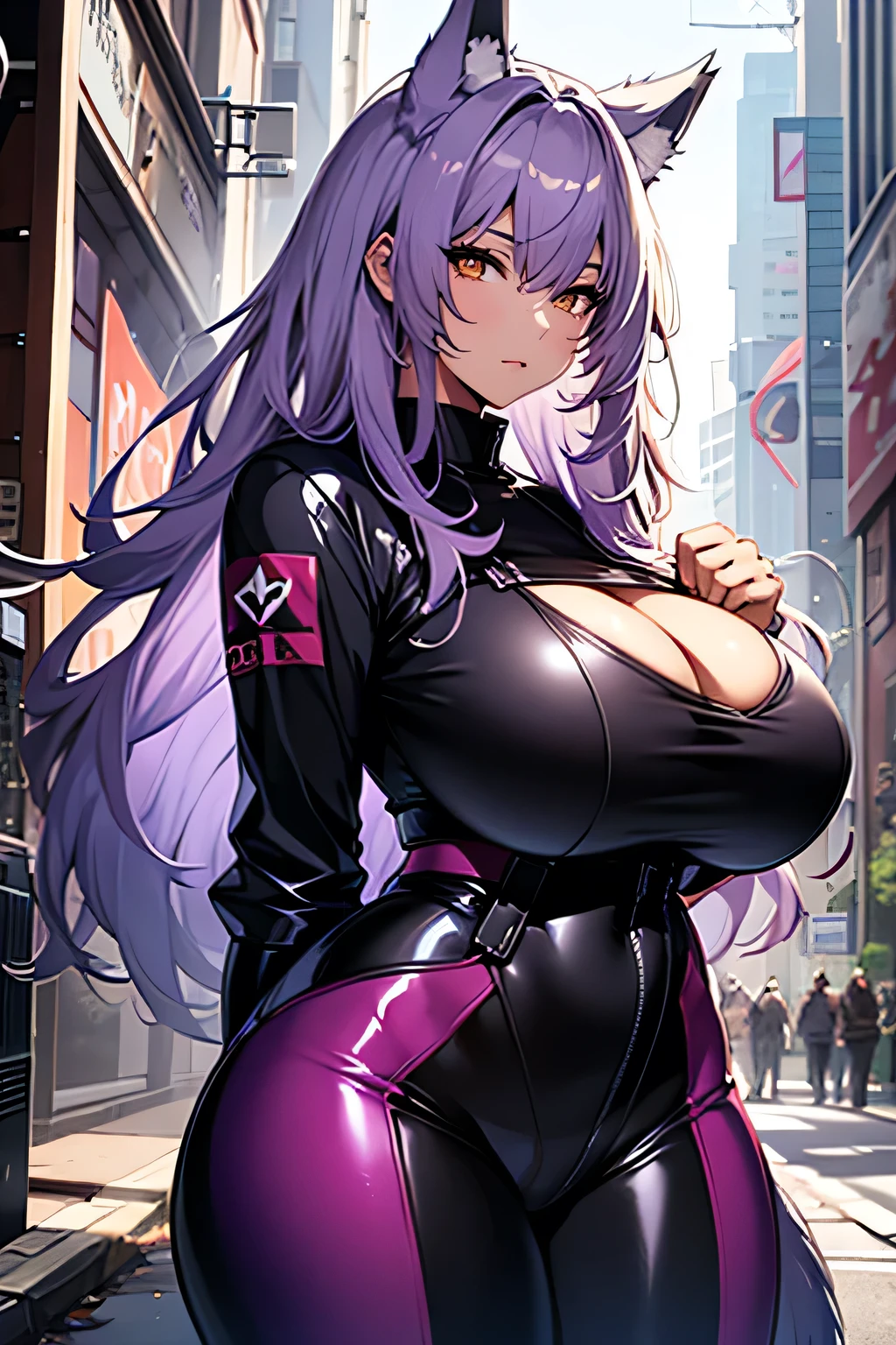 One Woman, Wolf Girl, Wolf Ears, Wolf's tail, Purple Hair, strong, A strong body, Thick thighs, Big Breasts, Muscular arms, Casual clothing, SFW, sexy, whole body, masterpiece, Very detailed, Shiny clothes, latex, Tall Woman,