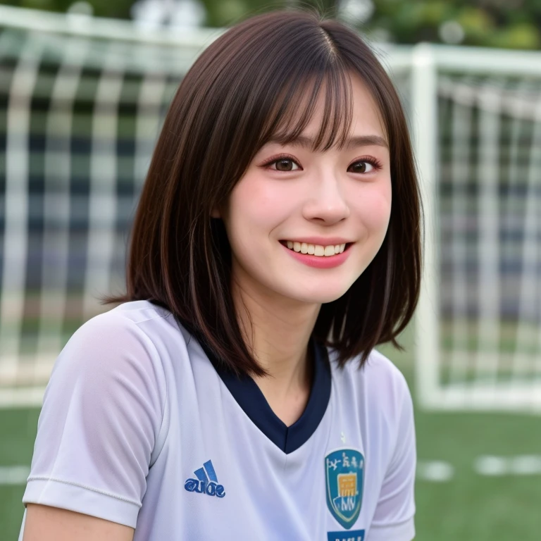 (kawaii 24 year-old Japanese girl, Nogizaka idol, Korean idol, soccer player), healthy female athlete body, (glossy black hair, very short hair, bangs:1.3), beautiful black eyes, rounded face, single eyelid, (no makeup:1.2), (big laughing:1.2), (soccer uniform:1.3), extra small breasts, BREAK, (turf in the park, summer daytime:1.2), (dynamic angle, bust shot:1.2), BREAK, (masterpiece, best quality, photo realistic, official art:1.4), (UHD, 8K quality wallpaper, high resolution, raw photo, golden ratio:1.3), (shiny skin), professional lighting, physically based rendering, award winning, (highly detailed skin texture, extremely detailed face and eyes textures), Carl Zeiss 85 mm F/1.4, depth of field, (1girl, solo),