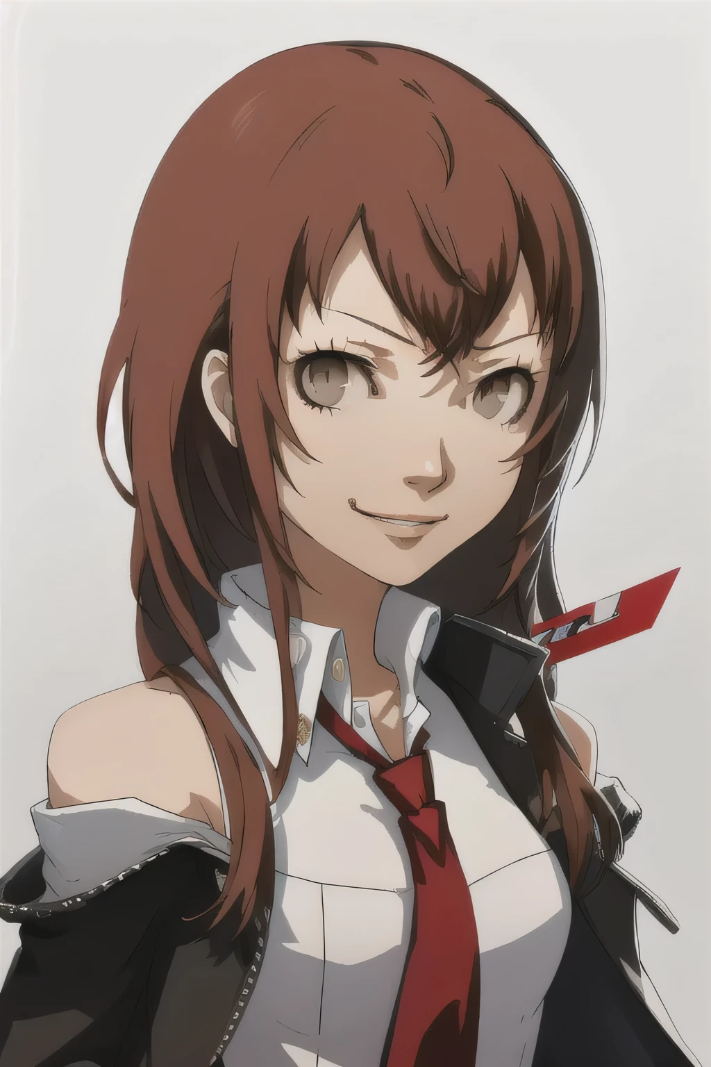 (masterpiece, best quality:1.2), upper body, solo, 1girl, makise kurisu, smug, smirk, looking at viewer, IncrRvrsCard, holding, card, playing card, holding card, arrow \(symbol\), jacket, off shoulder, collared shirt, red necktie 